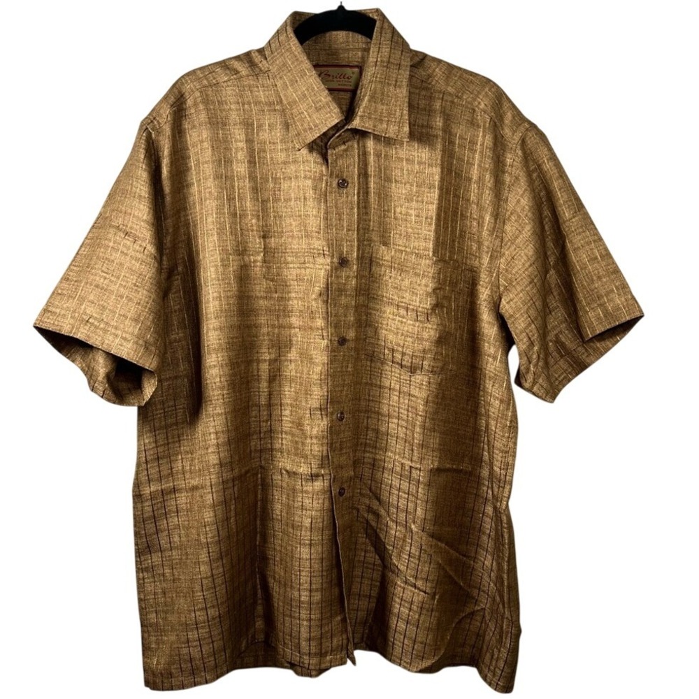 Britto 100%Cotton Shirts‎ Vintage Bronze Brown Men Short Sleeve Button Up Retro